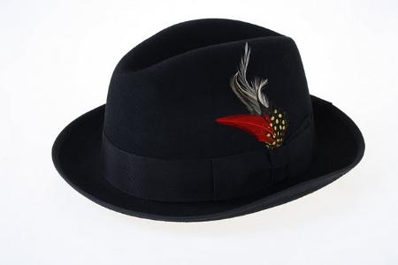 Mens Dress Hat Liquid Jet Black Wool Fabric Fedora 