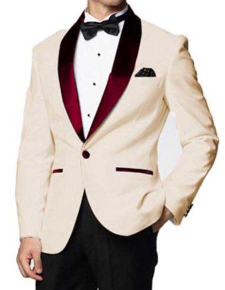  men's Ivory Single Breasted One Button Burgundy Shawl Lapel Blazer