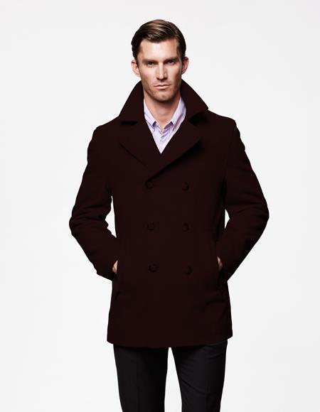 Mens Dark Brown Notch Lapel Big and Tall Wool Peacoat 