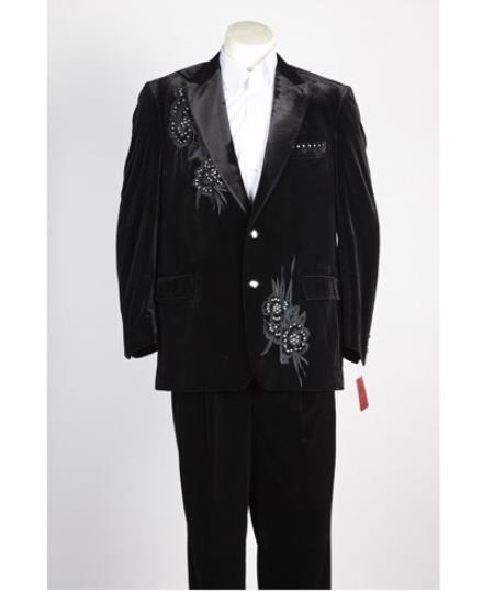 Mens 2 Button Black Velvet Jacket, with floral pattern, Satin Peak Lapel, and Black Dress Pants velo