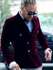  Burgundy Double Breasted Velvet Blazer -