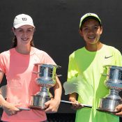 Talia Gibson (L) and Derek Pham pose with their trophies after winning the 14/u Australian titles at Melbourne Park (photo: Elizabeth Xue Bai)