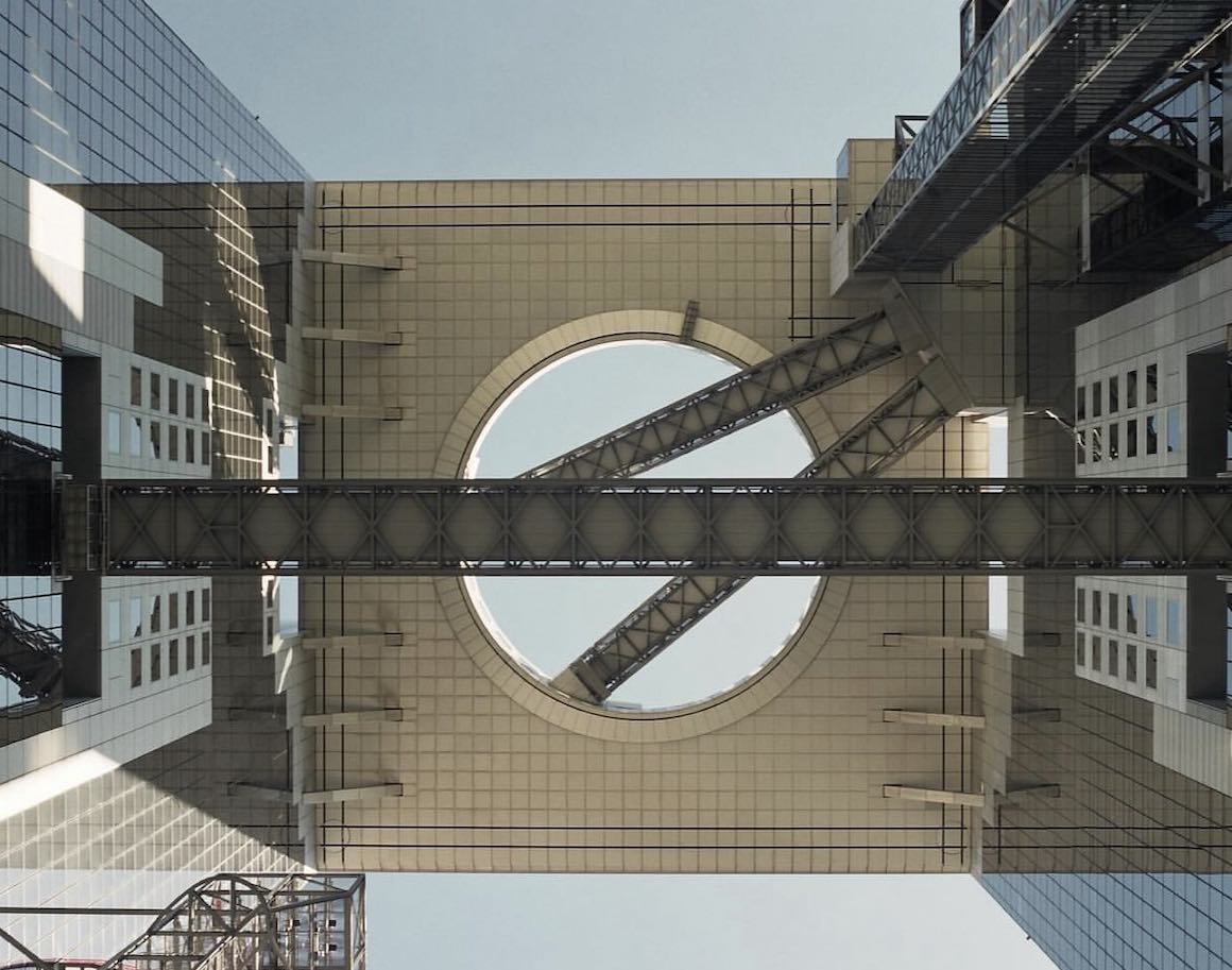 Umeda sky building from below in Osaka, Japan.