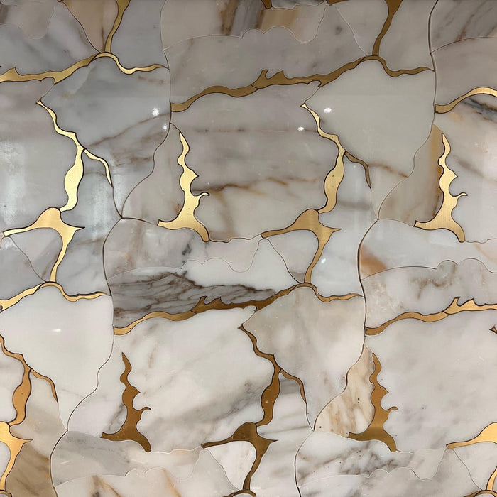 Calacatta Gold Marble and Brass Waterjet Mosaic Tile in Geode