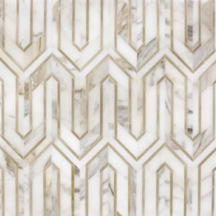 Calacatta Gold Marble and Gold Metal Waterjet Mosaic Tile in Greek Key Meandros