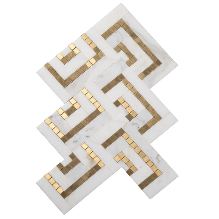 Calcutta Marble with Gold Metal Accent Mosaic Tile in Herringbone Half-Squares | TileBuys