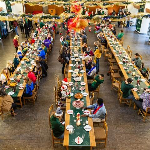 The Great Hall at Champlain College set up for a festive dinner