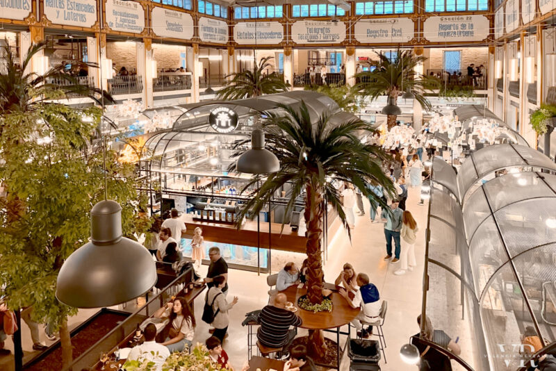 View of the stalls and vegetation inside Mercado de la Imprenta from the second floor