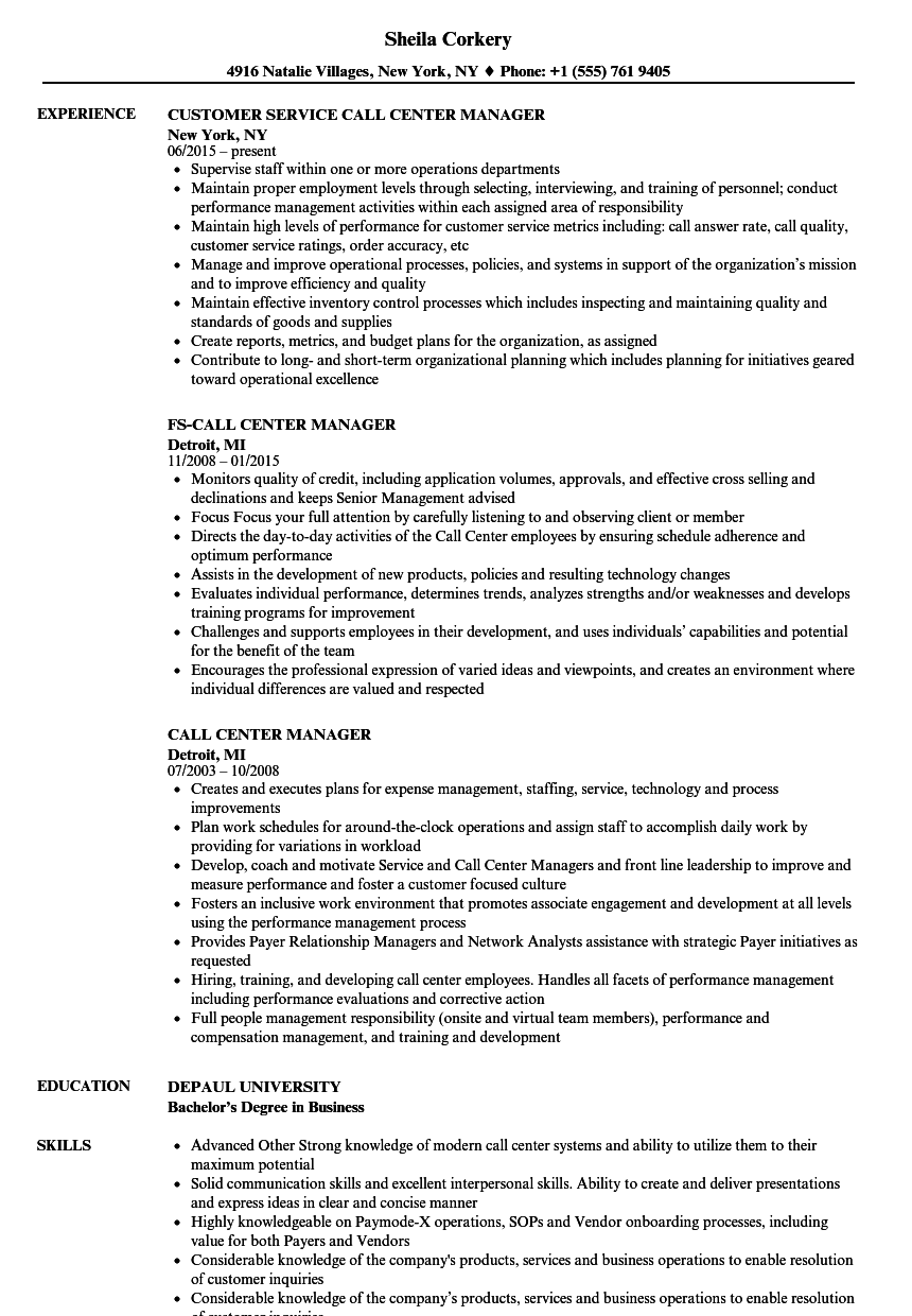 Call Center Manager Resume Examples Free Resume Templates - Bank2home.com