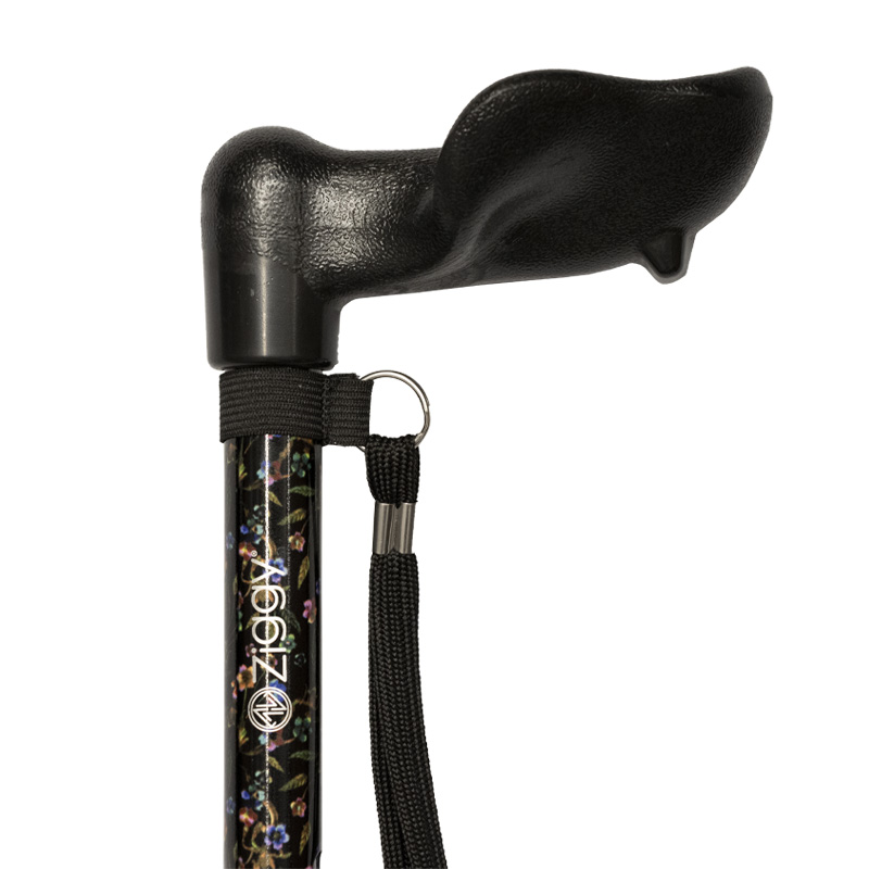 Ziggy Black Floral Shock-Absorbing Height-Adjustable Walking Stick with Anatomical Handle