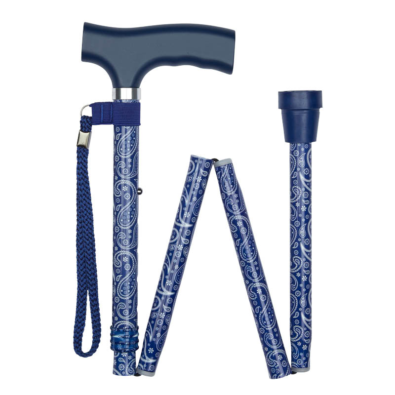 Ziggy Blue Paisley Crutch-Handle Folding Height-Adjustable Walking Stick