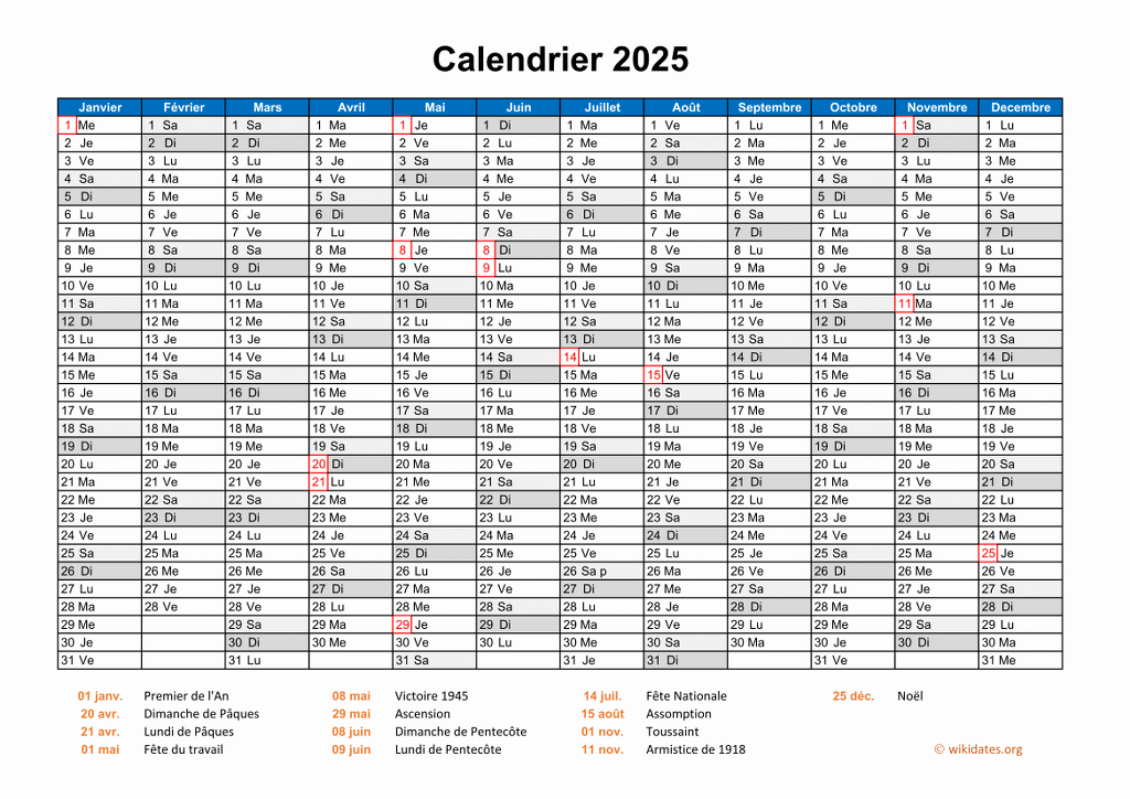 Calendrier Annuel 2025 Imprimable Gratuit - Calendrier 2025 Vacances