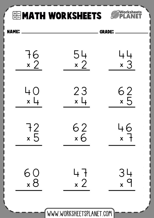 1 digit x 2 digit multiplication worksheets