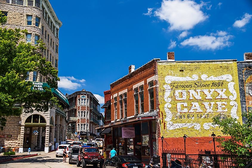 Historic downtown Eureka Springs, AR, with boutique shops and famous buildings, via Rachael Martin / Shutterstock.com