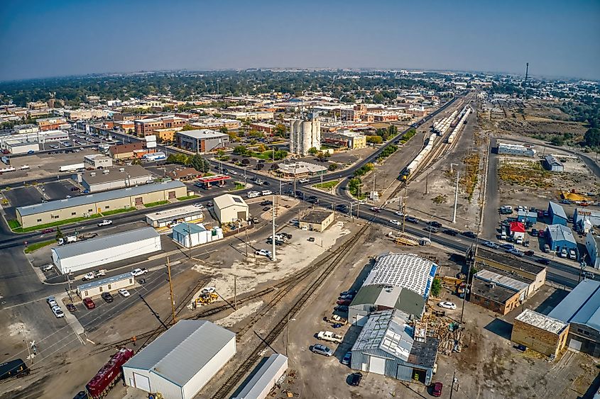 Aerial view of Twin Falls, Idaho on a hazy afternoon