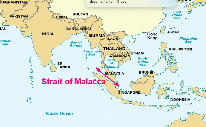 Labeled Ocean Map Malacca Strait