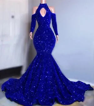 fashion royal blue sequin long sleeves prom dress