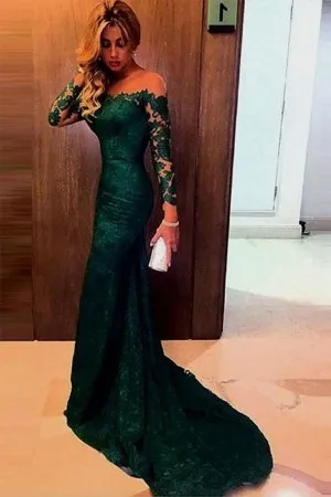 long sleeve emerald green lace mermaid formal gown