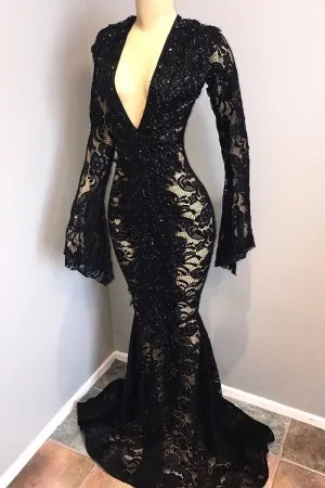 black sheer lace plunging V neck sexy prom dress