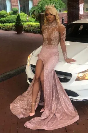 beaded sheer blush lace glitter split prom dress