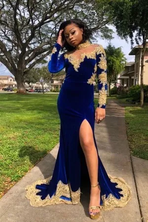 gold lace royal blue velvet sleeved slit prom gown