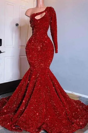 sparkly red sequin one shoulder sleeve prom dress