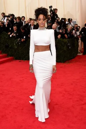 Rihanna white jersey two piece red carpet dress at Met Gala 2014