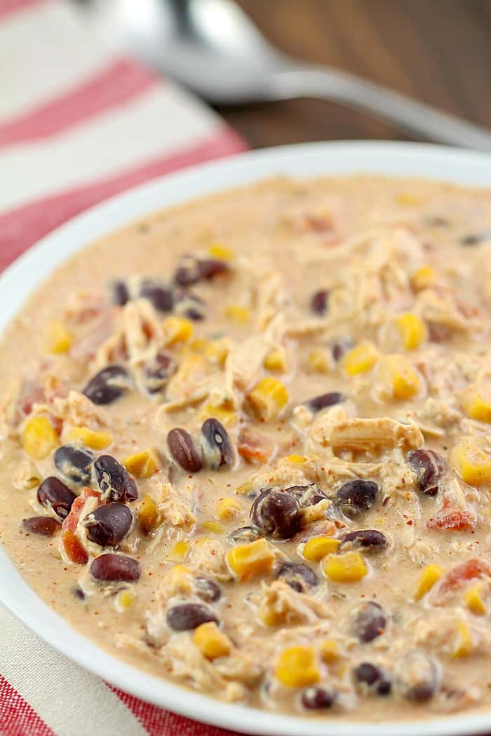 Fantastic and easy Crock Pot Cream Cheese Chicken Chili recipe! My family's favorite creamy chili!