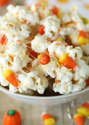 Bowl full of Popcorn Treats with Candy Corns