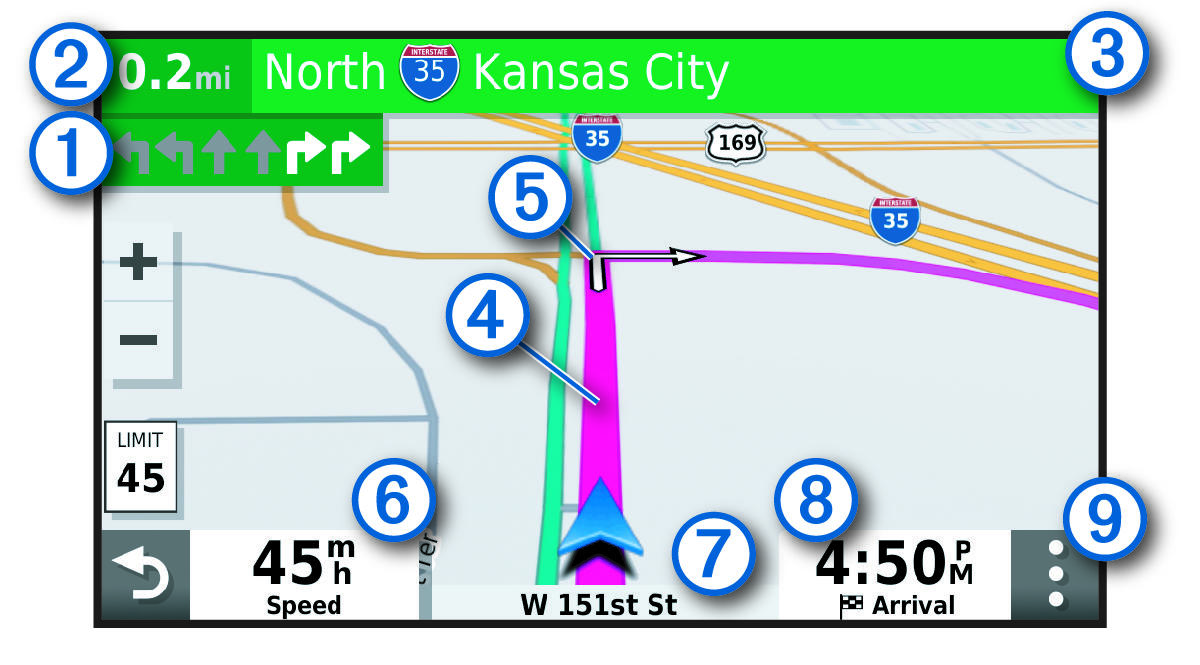 Active route on a navigation map with callouts