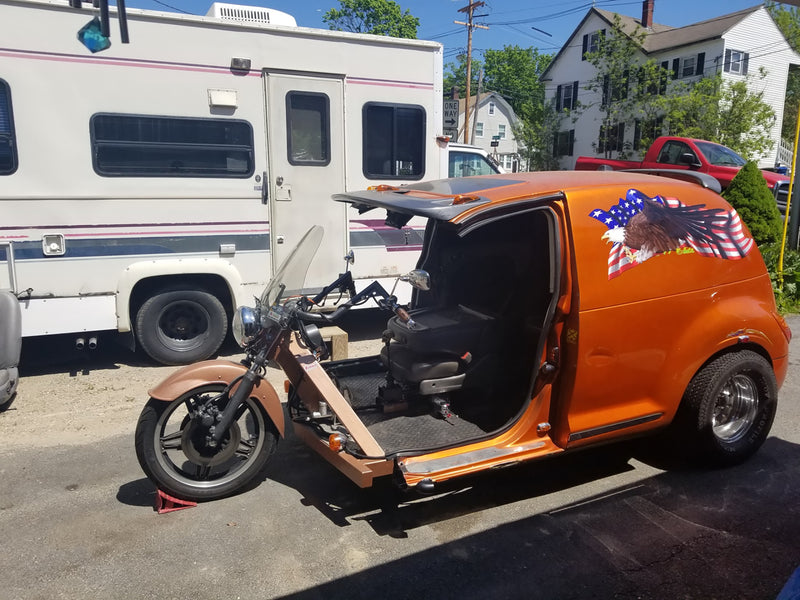 American flag bald eagle vinyl graphics on side modified pt cruiser motorcycle