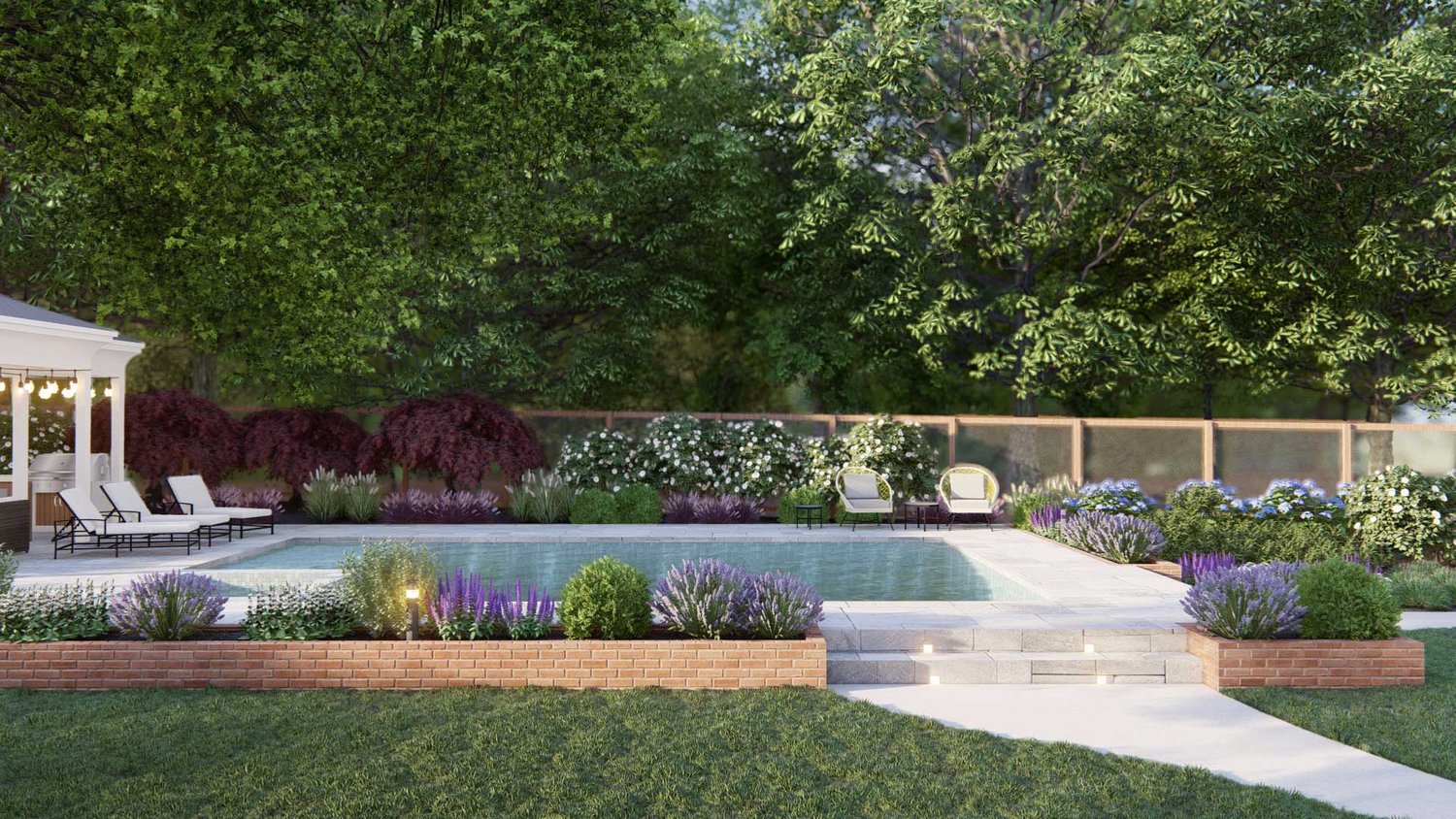 Stamford pool with pool lounge chairs and plants