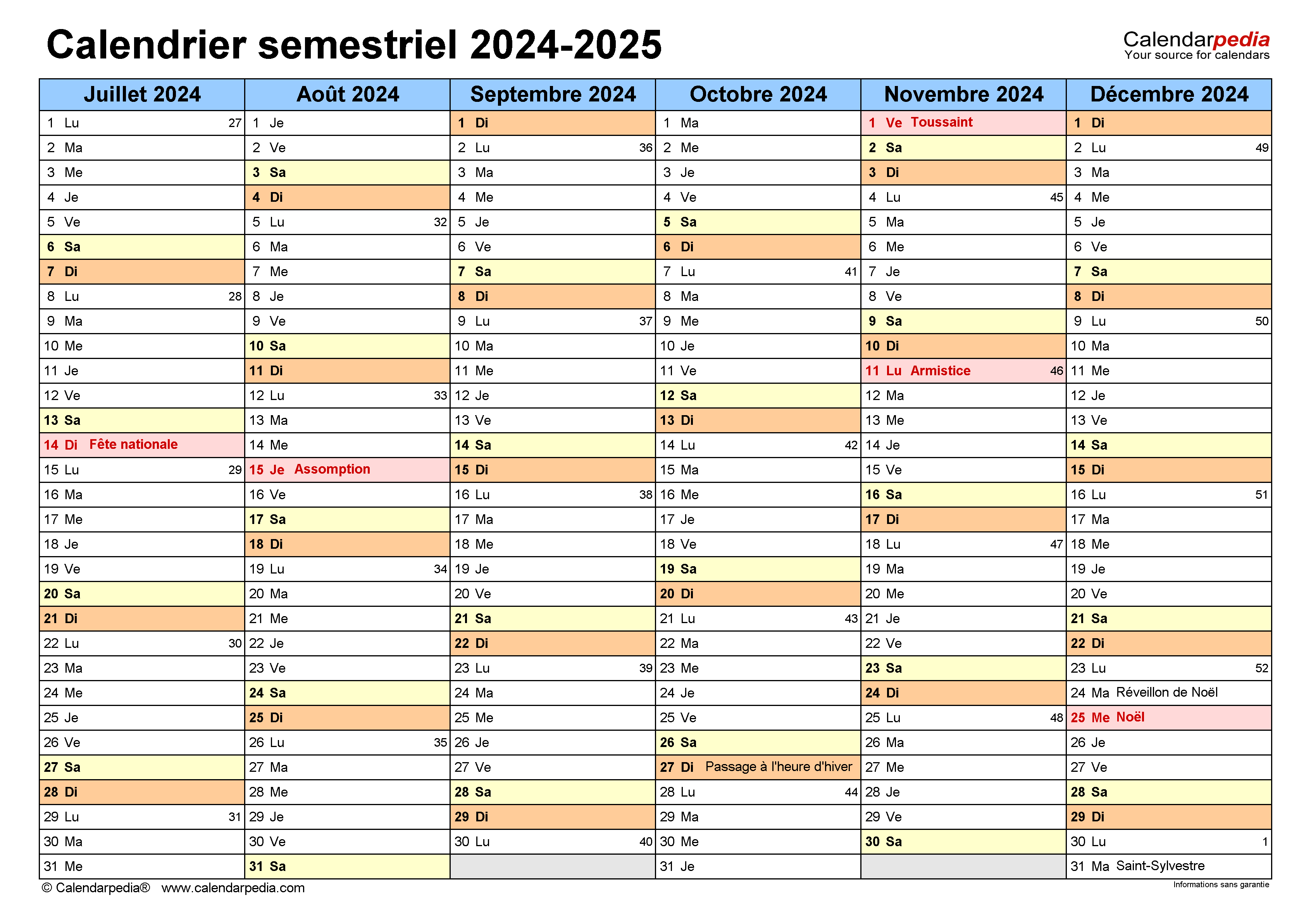 Calendrier Semestriel 2024 2025 Excel Word Et PDF - YearlyCalendars.net