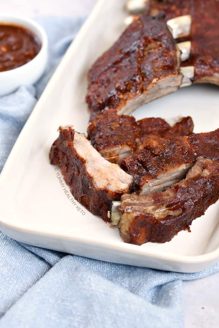 Keto ribs cut up and arranged on a white platter